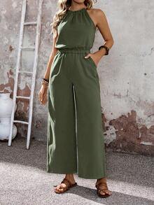SHEIN LUNE Women's Solid Color Sleeveless Casual Jumpsuit With Pockets, Daily Wear Beach - Green - View 2