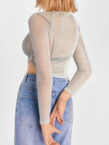 SHEIN EZwear 秋季女士时尚纯色透视修身短款上衣 - 銀色 - 查看 2