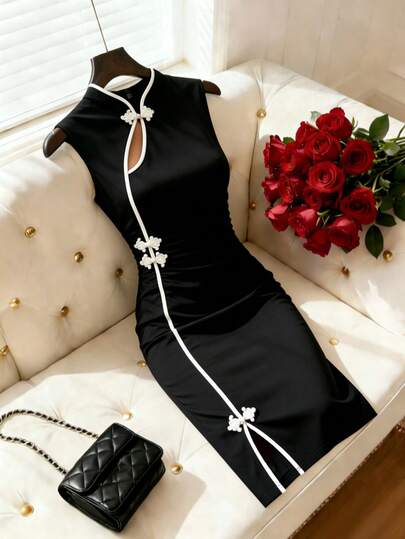 Rafferiza Vestido ajustado de mujer con cuello alto, botones en la cintura y contraste de color, estilo chino con nudo chino, elegante para ir al trabajo o vacaciones, mini vestido