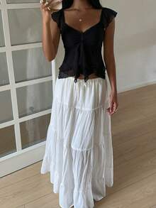 SHEIN EZwear Women's Summer Ruched Bust Mesh Ruffle Sleeve T-Shirt - Black - View 3