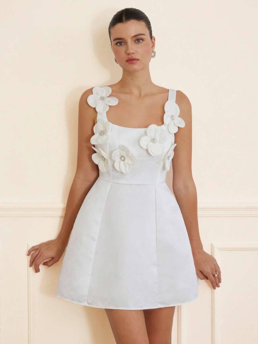 EMERY ROSE Váy ngắn không tay kiểu dáng thanh lịch cổ điển, thắt eo, đính đá hoa 3D, chất liệu satin, dáng phồng, ngọt ngào lãng mạn và gợi cảm dành cho nữ. - trắng - Xem 1