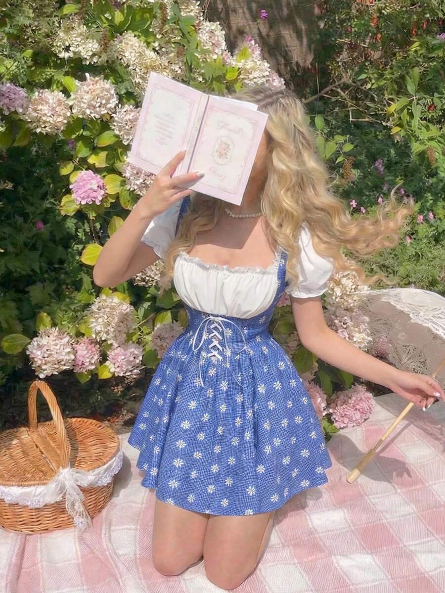 SHEIN MOD 复古可爱蓝色格子拼接连衣裙，泡泡袖，交叉系带——完美适用于度假、约会、野餐、派对、舞会、节日和生日等场合。 - 藍白色 - 查看 1