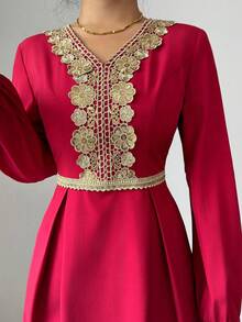 Váy Rafferiza thanh lịch cổ chữ V viền vàng eo thắt eo cho nữ, phù hợp mặc hàng ngày, mùa thu/đông - Màu Đỏ Sâu - Xem 4