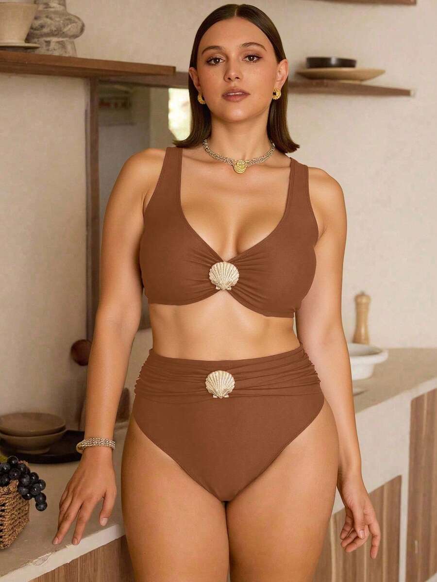 Swim Chiccia Plus Size Women Metal Shell Sexy Bikini Swimsuit Set Brown Bikini Set Modest 2 Pieces Swimsuit For Summer Beach Vacation - Coffee Brown - View 1