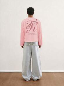 TOKVUE 男士舒适字母印花长袖休闲短款T恤 - 粉色 - 查看 6