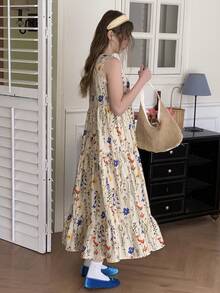 DAZY 少女碎花层叠下摆无袖宽松度假连衣裙，夏季 - 卡其色 - 查看 7