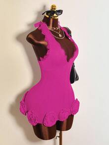 Mistrie Women's Solid Color Contrast Lace Deep V-Neck Floral Decor Sexy Halter Dress - Hot Pink - View 4