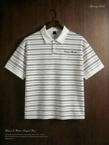 TOKVUE Camisa polo de manga corta con estampado de letras y rayas para uso diario y casual, camisa de golf de verano para hombres, camisa polo de cuello T con estilo universitario, camisa polo a rayas para hombres, camisa rugby polo para hombres - Blanco y Negro - Ver 1