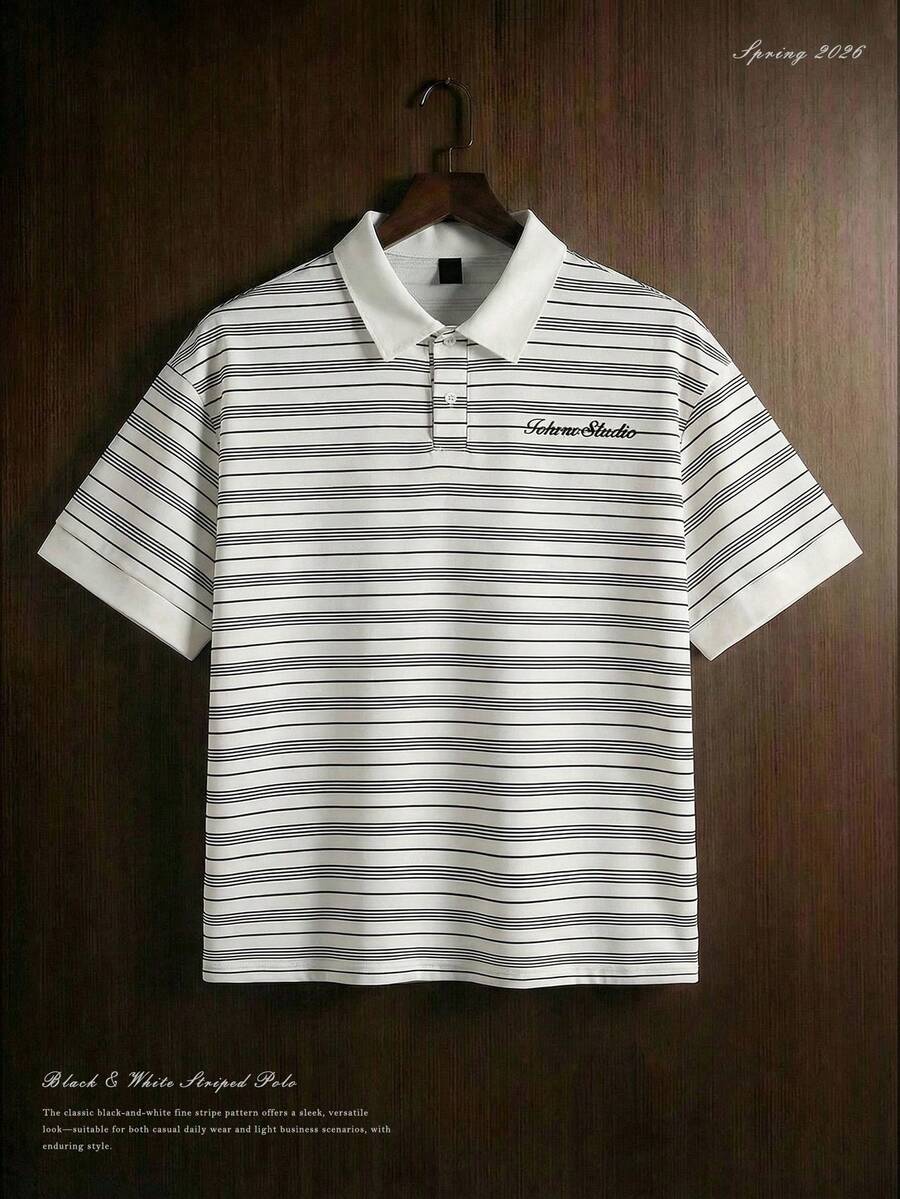 TOKVUE Camisa polo de manga corta con estampado de letras y rayas para uso diario y casual, camisa de golf de verano para hombres, camisa polo de cuello T con estilo universitario, camisa polo a rayas para hombres, camisa rugby polo para hombres - Blanco y Negro - Ver 1