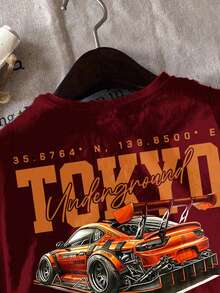 男婴休闲宽松舒适复古汽车、卡通、涂鸦、英文字母印花短袖上衣，适合夏季穿着 - 酒紅色 - 查看 4