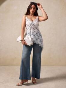 Elegantrix Áo hai dây nữ cỡ lớn kiểu dáng thanh lịch thành thị, khoét lỗ, phối ren, dệt jacquard, màu trơn, vạt bất đối xứng, thích hợp cho mùa xuân/hè. - trắng - Xem 7