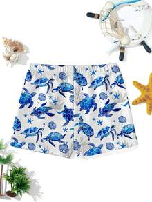 SHEIN Tween Boy Casual Loose Printed Beach Pants, Suitable For Summer, Beach, Outdoor, Swimming, Classic Cool Gradient Turtle, Coral Pattern Print - Multicolor - View 4