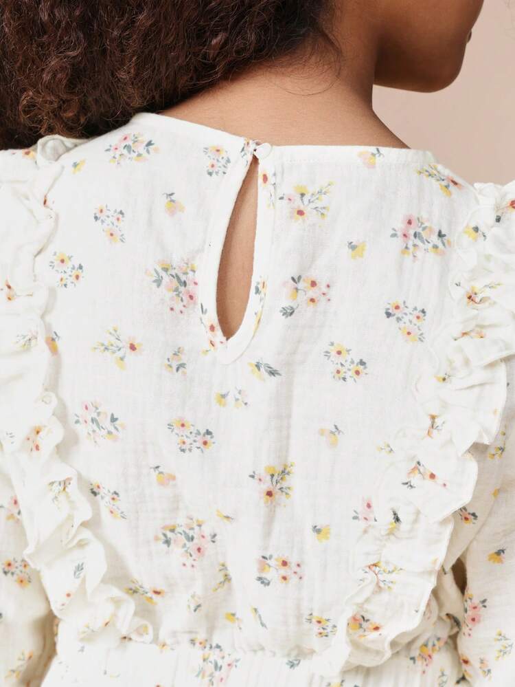 Floral Print Ruffle Dress With Puff Sleeves