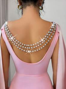 Elenzga 优雅无袖高开衩缎面长裙，后背饰有缎带和镂空珍珠链，精致优雅，适合度假、婚礼、派对、约会、时尚场合，春夏皆宜。 - 粉色 - 查看 2