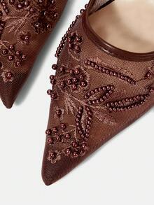 CUCCOO HITCHD 女士优雅尖头露跟高跟鞋，饰有串珠网纱和浪漫蕾丝设计，黑色，适合婚礼、派对、正式场合。 - 鏽棕色 - 查看 12