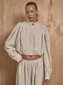 MUSERA 高领纽扣袖泡泡下摆外套套装上衣（仅上衣）冬季新年可爱性感外出晚宴派对点缀情人节 - 奶油色 - 查看 1