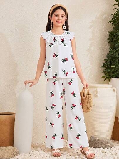 Conjunto de 2 piezas de niñas jóvenes con top sin mangas con decoración de cuello con volantes y pantalones de pierna ancha, de tela ligera y texturizada, adecuado para el campus, al aire uso diario en primavera/verano