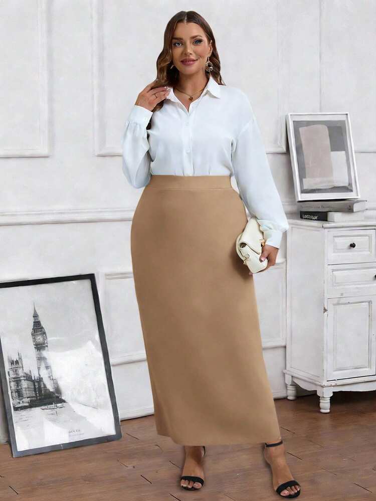 Plus Size Women's Summer Casual Vacation Solid Color High Waist Long Casual/Office Skirt,Spring Break, Vacation Women, Holiday For Women,Going Out,2026 New,Simple And Fashionable For Everyday Wear, Khaki Skirt Women, Elegant Skirt, Skirt For Women