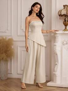 Modelyn Women's Elegant Niche Asymmetric Hem Cinched Waist Top And Loose Wide Leg Pants 2 Pieces Set, Suitable For Commuting And Everyday Wear - Apricot - View 4