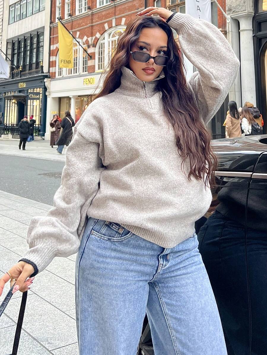 女士休闲宽松半拉链毛衣 - 彩色 - 查看 1