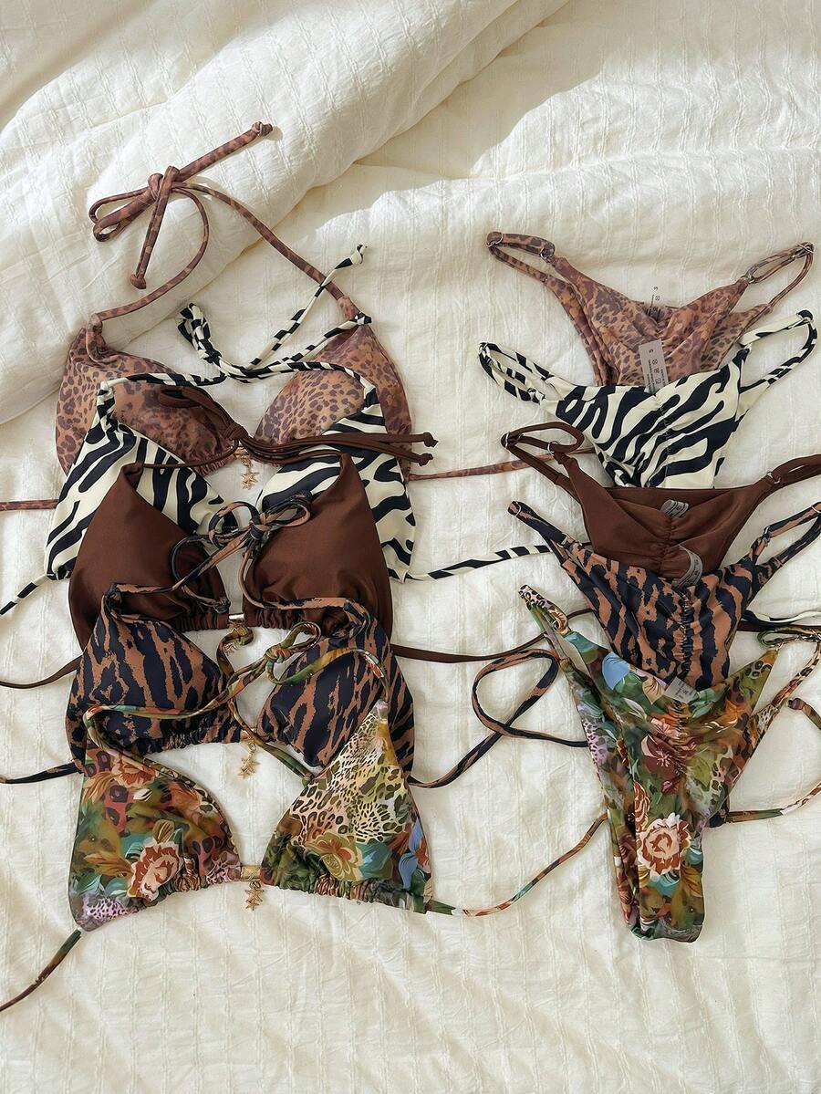 Elavelle Women Animal Print Splice Random Starfish Metal Pendant Spaghetti Strap Sexy Bikini Swimwear Set, Summer Beachwear - Multicolor - View 1