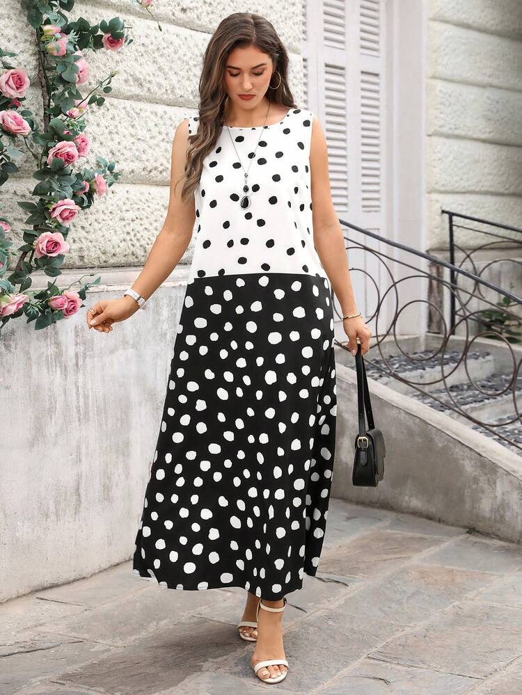 Plus Size Polka Dot Print Round Neck Patchwork Sleeveless Casual Dress For Summer/ Vacation Sleeveless Dress Women's Polka Dot Dress Sleeveless Polka Dot Dress Black And White Dress Summer Outfits Beach Outfit For Women Summer Holiday Outfits Casual Outfit For Women Black And White Polka Dot Dress