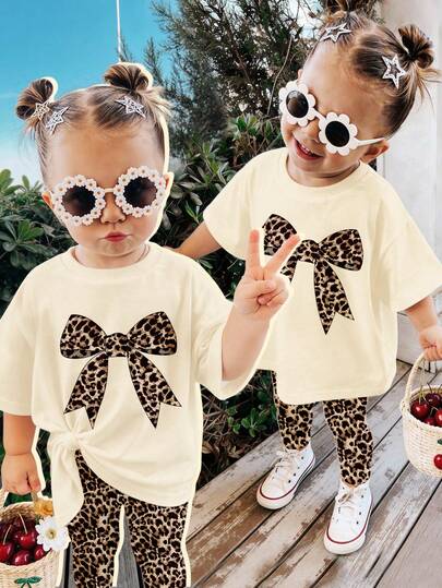 SHEIN Beige & Retro Leopard Bow Print Pattern Baby Girl Casual Loose Round Neck Short Sleeve T-Shirt And Leggings Set, Suitable For Spring/Summer