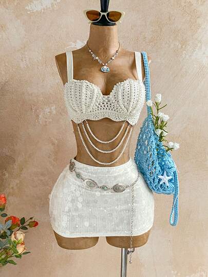 Soleia 女士度假休闲珍珠贝壳针织吊带背心，适合海滩、邮轮、城市度假、音乐节、波西米亚风、夏季等场合，四季皆宜，派对必备