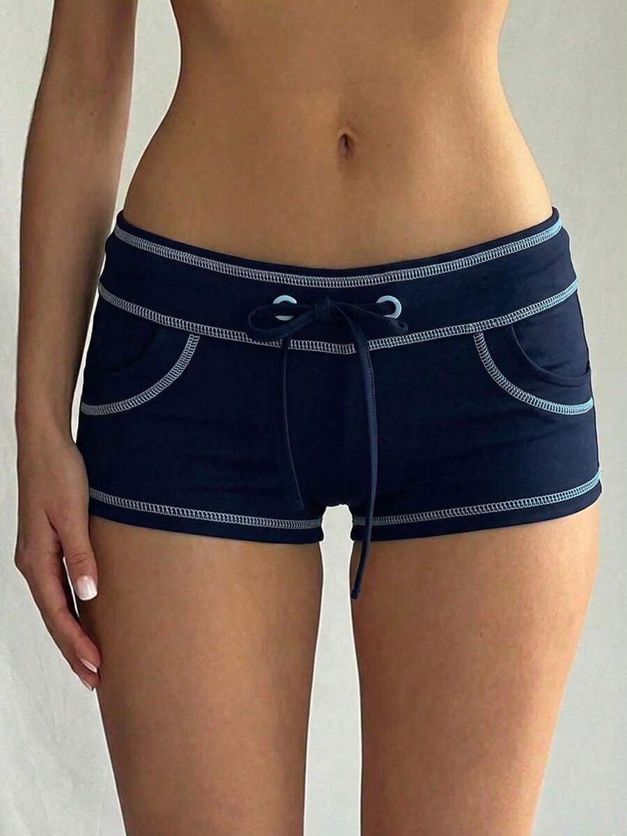 SHEIN EZwear Women's Colorblock Drawstring Super Short Shorts With Contrast Stitching, Navy Blue Shorts - Navy Blue - View 1