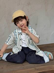 Dazy Kids 男童休闲度假风花卉条纹宽松衬衫，夏季 - 綠色 - 查看 7