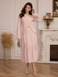 Modelyn Women's Elegant Commuter Long Sleeve Fitted Oblique Collar Top And High Waist Flared Maxi Skirt 2 Pieces Set - Pink - View 4