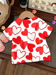 可爱甜美少女粉色爱心图案T恤，休闲简约短袖圆领T恤，适合春夏日常穿着，时尚少女休闲装扮，甜美爱心图案服饰，新款，返校季，情人节氛围 - 彩色 - 查看 2