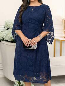 Reflora 大码女式圆领提花腰部褶皱优雅连衣裙 - 藏蓝色 - 查看 10