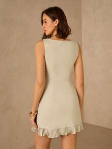 Enchnt 女士纯色流苏设计休闲度假派对外出迷你连衣裙 - 卡其色 - 查看 2
