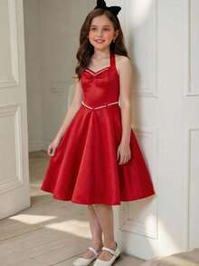 SHEIN Tween Girls Halter Bow Elegant Dress - Red - View 1