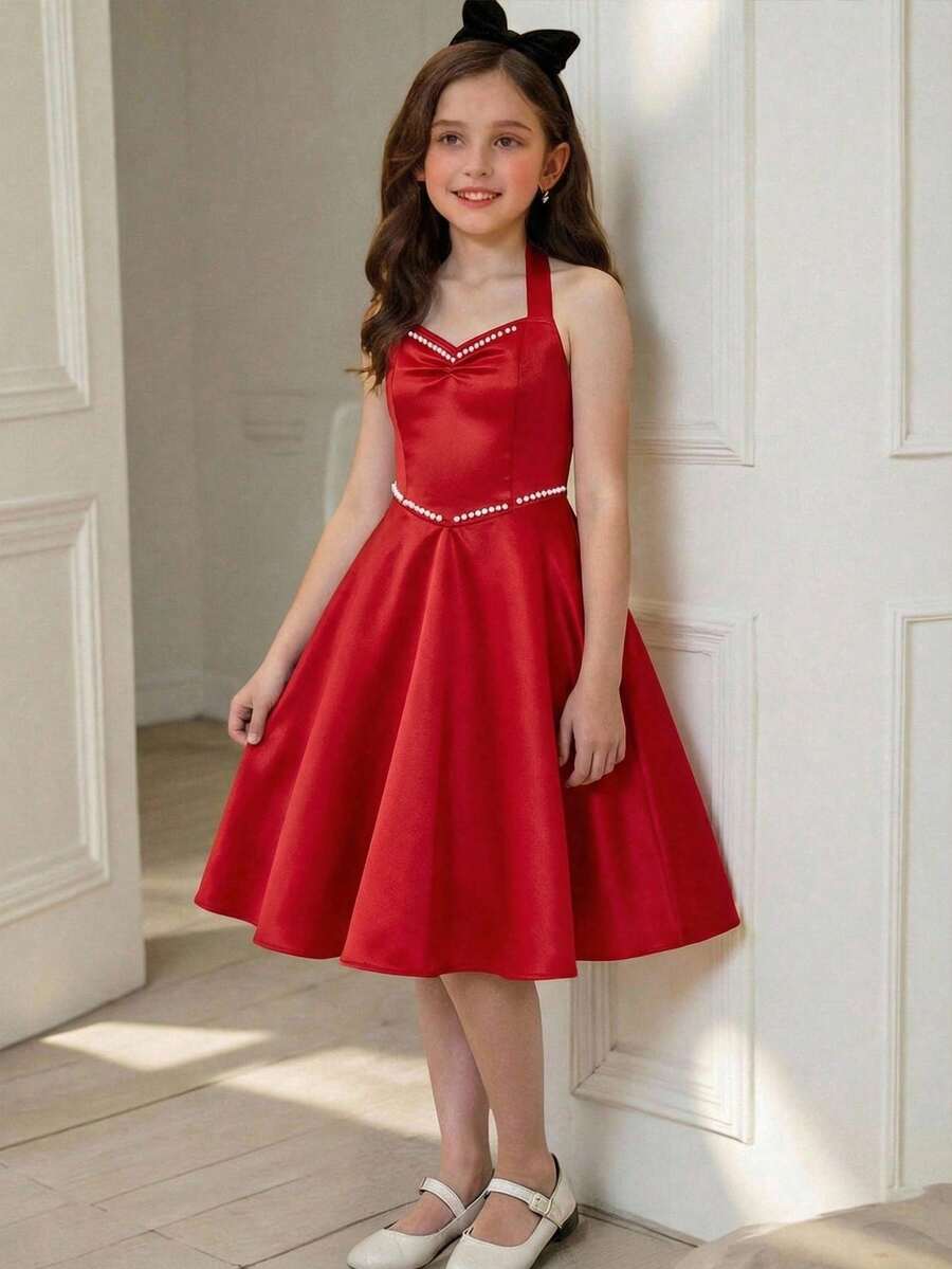 SHEIN Tween Girls Halter Bow Elegant Dress - Red - View 1
