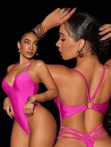 Slaydiva 1 bộ đồ bơi liền thân hở lưng gợi cảm màu trơn cho nữ, dành cho kỳ nghỉ hè ở bãi biển - Màu Hồng Tươi - Xem 5