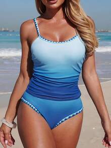 Swim Lushoire 2pcs/Set Women's Ombre Blue & White Print Adjustable Strap Ruched Front Shell Crafted Mature Style Tankini Swimsuit, Spring/Summer - Blue - View 1