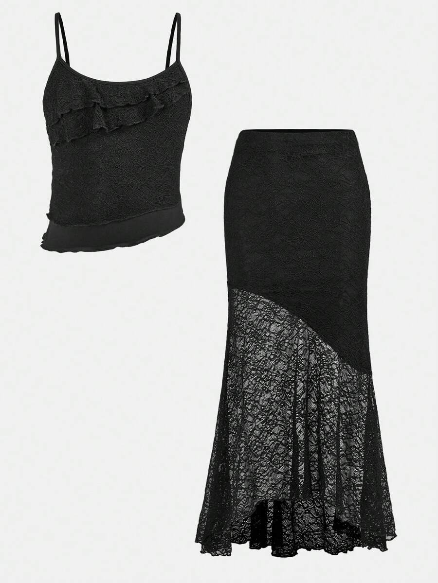 SHEIN Girlism 少女休闲简约舒适不对称下摆背心和美人鱼下摆半身裙套装 - 黑色 - 查看 1