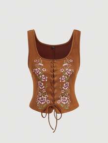 SHEIN MOD Plus Size Brown Floral Print Eyelets Lace-Up Vintage Camisole Corset Outfit Corset Tops For Women Leather Corset Top Brown Leather Top Y2k Summer Clothes Ladies Clothes Yk Outfits,Summer,Festival ,Beach, Wedding ,Vacation - Brown - View 3