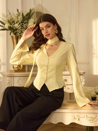 Modelyn Women's Solid Color French Style High-Waisted Commuter Elegant Lapel Tie-Waist Blazer Cardigan