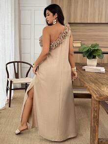 Weeklong Plus Size Women's Asymmetric Shoulder Floral Decor Slit Maxi Casual Vacation Dress, Spring/Summer - Khaki - View 2