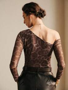 Arave 女士时尚豹纹网纱透视露肩长袖连体衣 - 棕色 - 查看 5