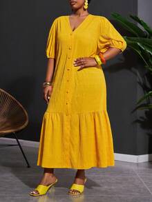Veslaya Vestido maxi de manga larga con botones, cuello de camisa y textura amarilla, para mujer talla grande. Ideal para festivales de música, Pascua, estilo occidental, nómada, fiestas de cumpleaños, graduaciones, universidad, uso diario casual, básico, ocio, vacaciones, cruceros, playa, tomar el sol, ropa urbana, invitada de boda, ir al trabajo, brunch, aeropuerto, fiestas, salidas festivas, banquetes elegantes, bailes, casual y elegante de alta gama. - Amarillo - Ver 6