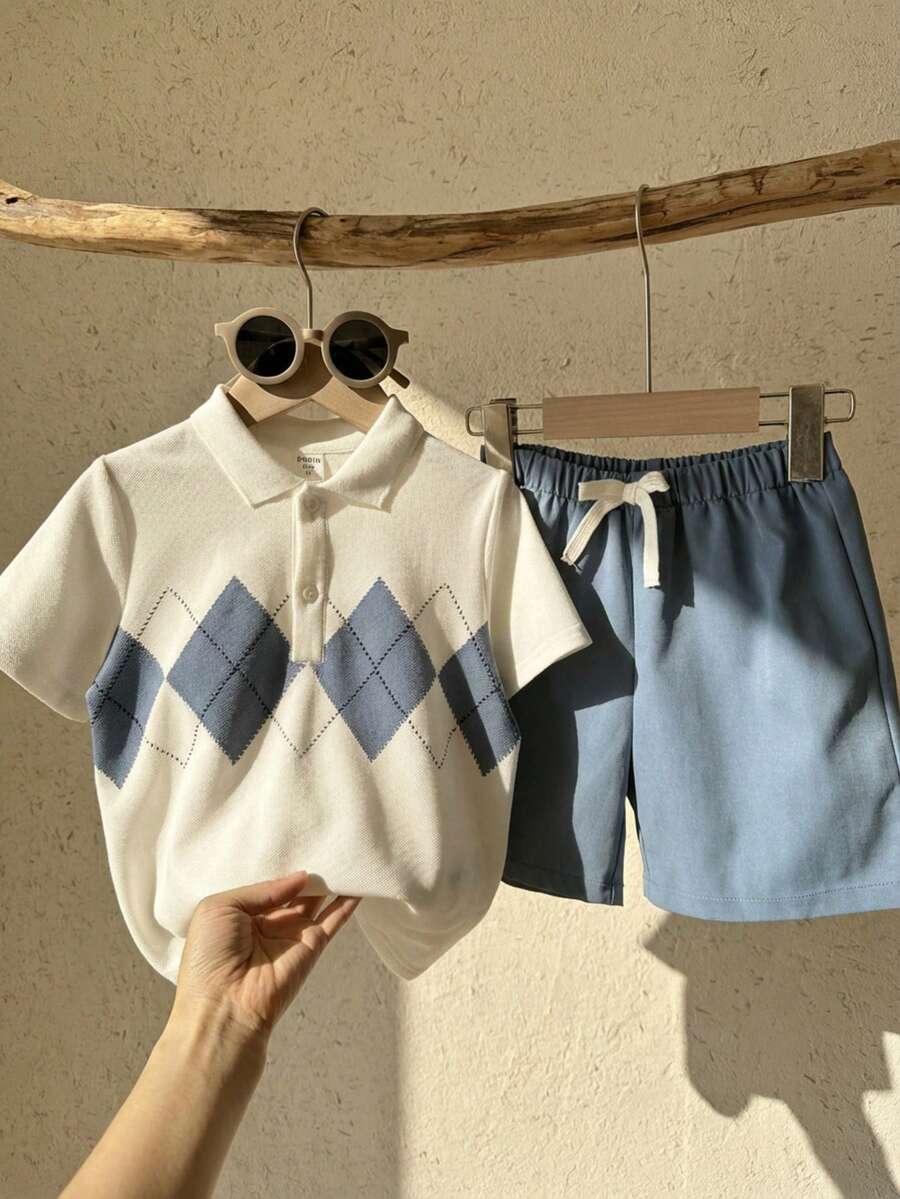 2件套男童针织几何图案休闲T恤和短裤套装 - 彩色 - 查看 1