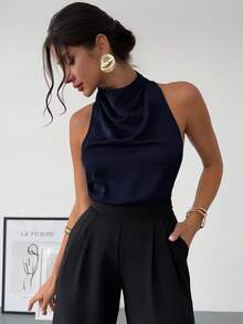 Firerie 新款简约优雅日常通勤复古现代不对称领无袖挂脖露背蝴蝶结装饰修身黑色通勤衬衫，春夏 - 藏蓝色 - 查看 8