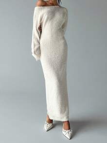 Aloruh Noua casă pentru femei Ocazional Zilnic Guler cu umeri înclinați Linie de cuvinte Călduță, subțire, cu mâneci lungi, tricotate de pluș, rochii albe de pulover, toamnă/iarnă - alb - Vizualizare 3