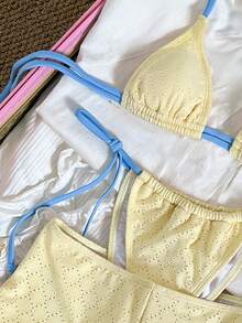 Swim Mod 3件套黄色布料蓝色侧系带露背设计女士泳衣套装