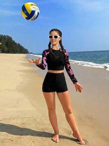 SHEIN 少女插肩袖热带植物印花上衣和短裤泳衣套装 - 玫紅色 - 查看 5