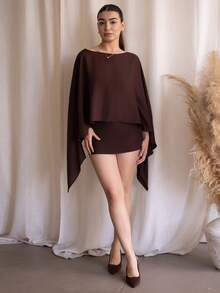 Andrea Bello 2025秋冬新款通勤优雅休闲度假宽松棕色长袖衬衫+迷你裙裤子女两件套，旅行，通勤，派对，度假，老款风格，购物，宴会，优雅，聚会，约会，休闲-A - 棕色 - 查看 6